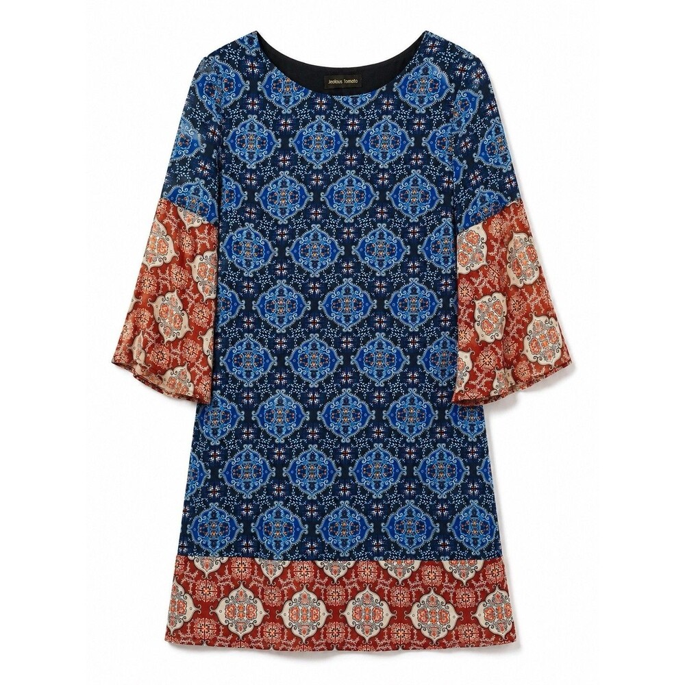 Jealous Tomato Dress Small Blue Rust Mixed Print Bell Sleeve Boho Fully Lined
